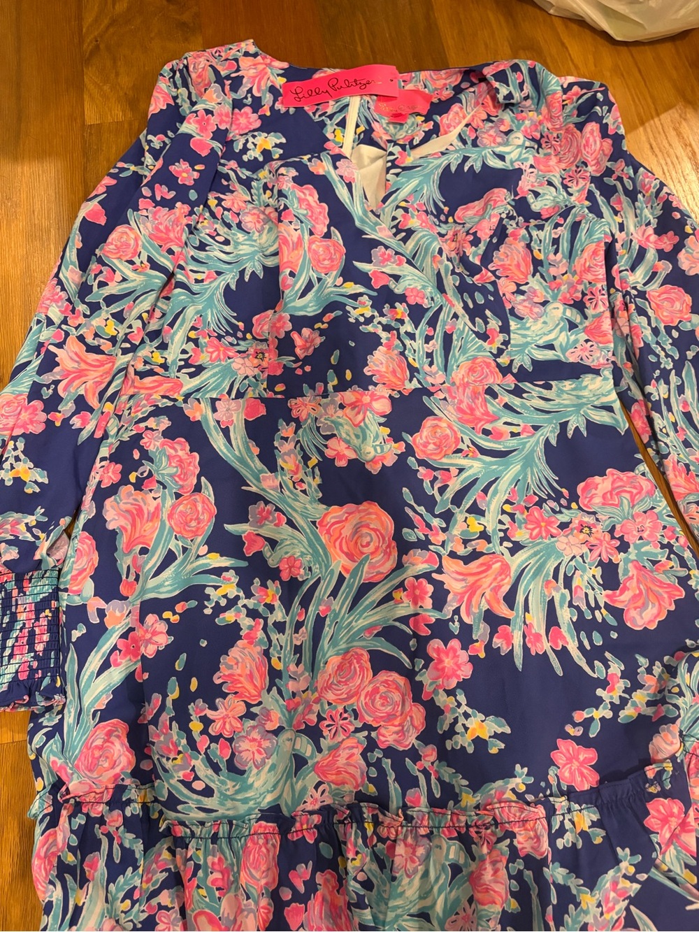 Lilly Pulitzer Navy Floral V‑Neck Tunic with Pink & Mint Accents